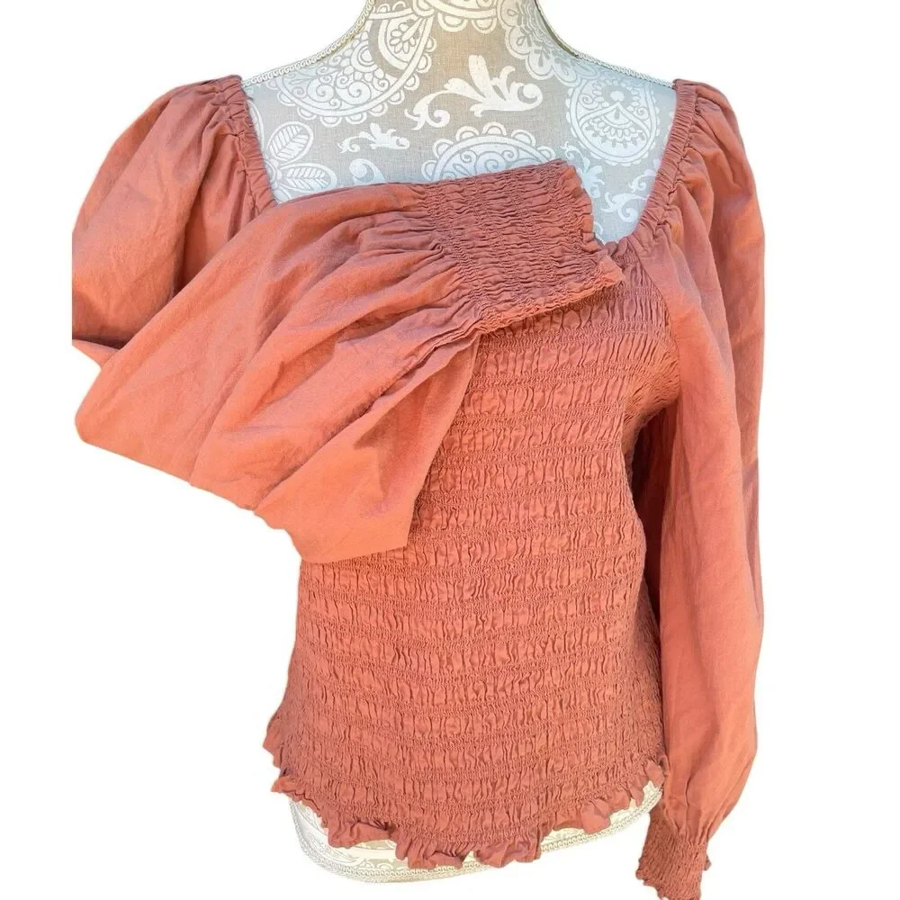 Cottagecore Boho Smocked Bubble Sleeve Top Madewell Lucie Warm Umber M